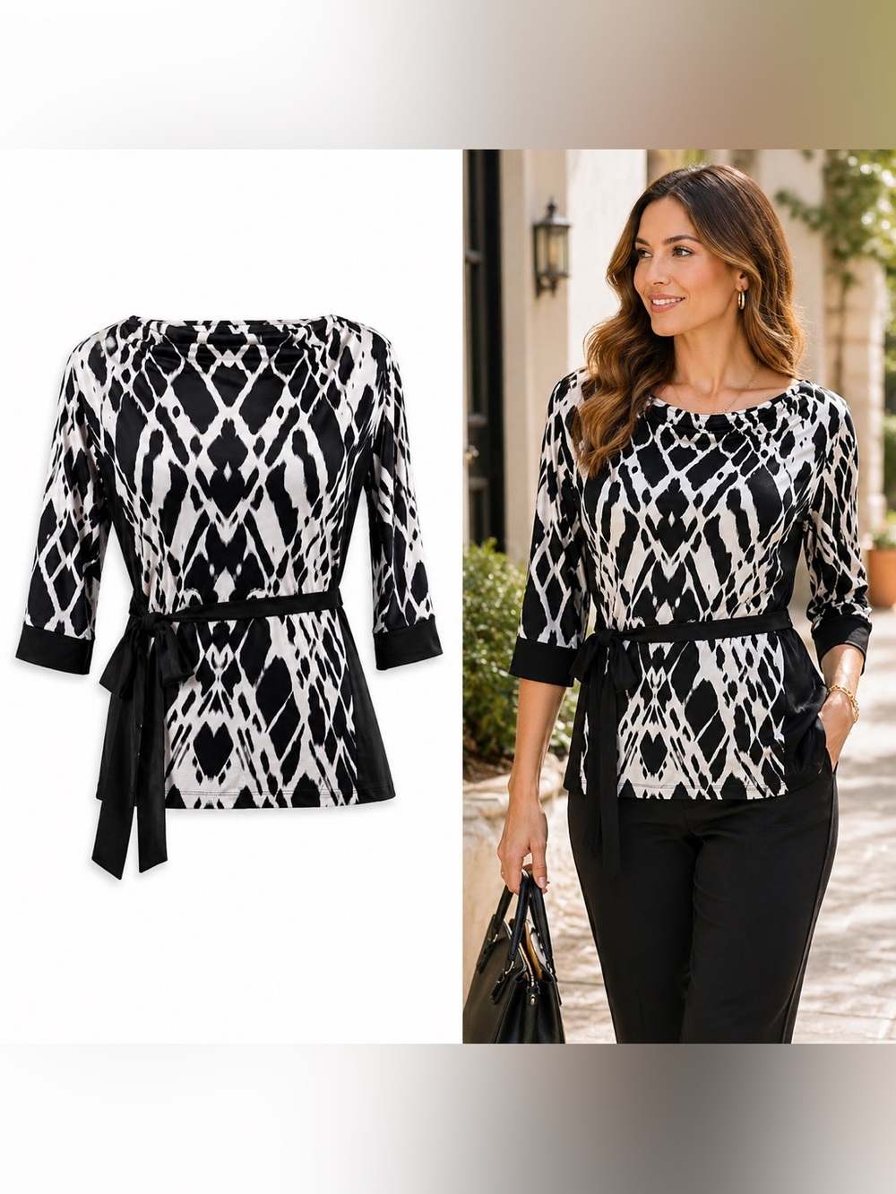 Liz Claiborne Petite Ikat Black White Belted Tunic PL Stretch Geometric Blouse